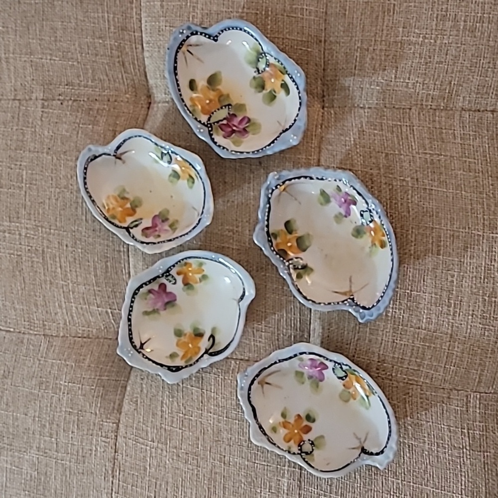 Vintage, Antique, hand painted, Floral Celery Dish with Five Salt Dishes. Japan.